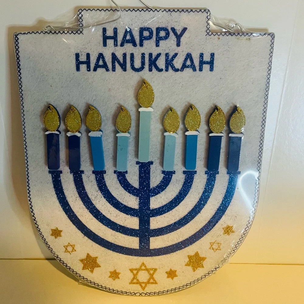Happy Hanukkah Sign, Menorah Wall Decor By Ashland - Blue & Gold Glitter Shield